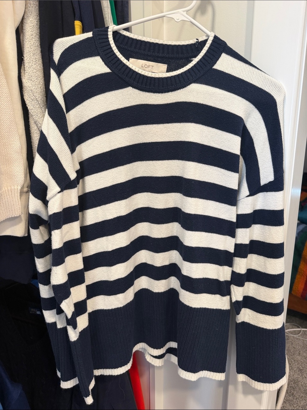 LOFT Navy and White Striped Crewneck Sweater